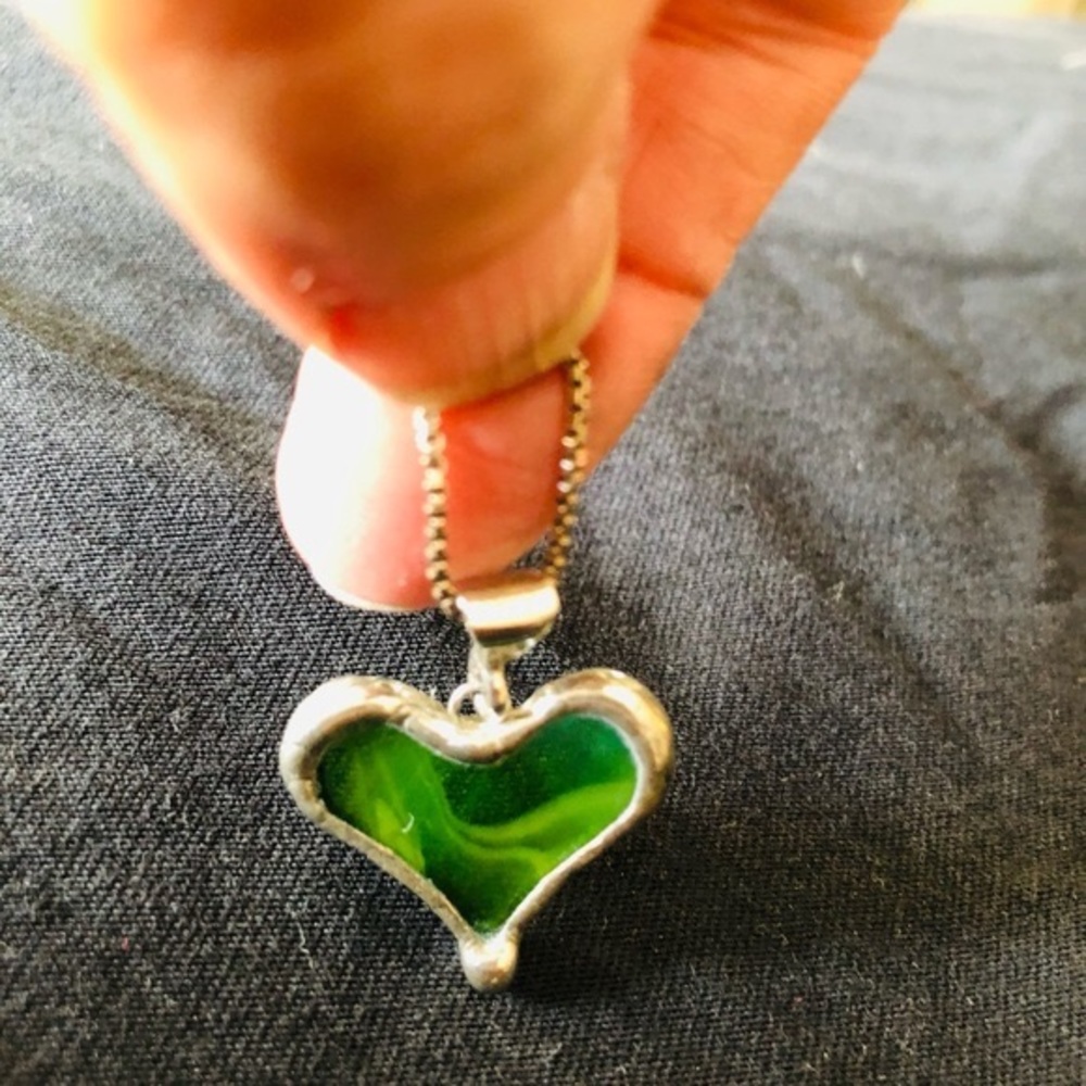 Green glass heart necklace in sterling silver chain